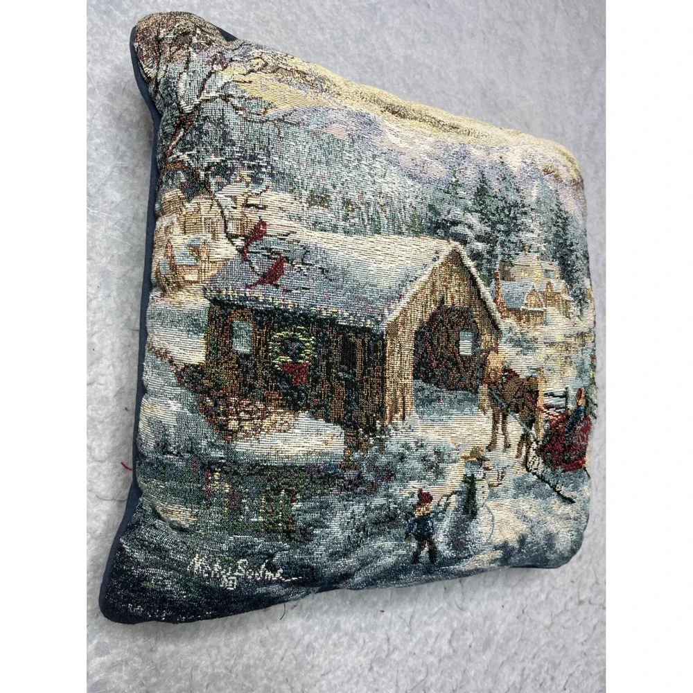 Nicky Boehme Winter Tapestry Throw Pillow snow Bridge Sleigh‎ Scene